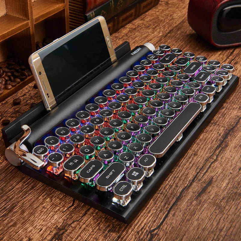 Dot retro-style black Bluetooth mechanical keyboard with RGB backlight on keys.