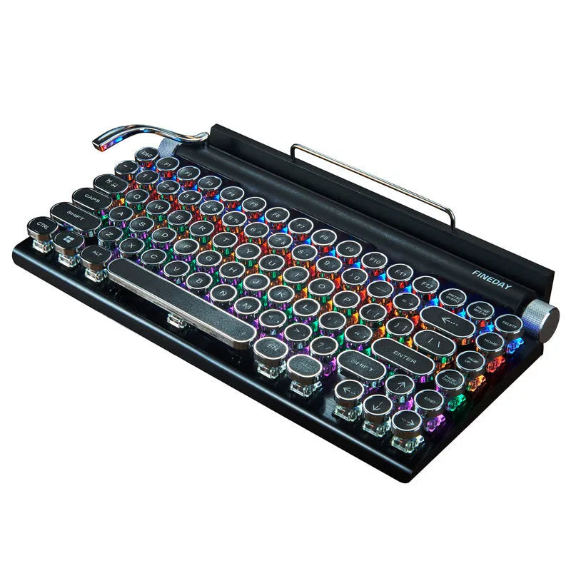 Dot retro-style black Bluetooth mechanical keyboard with RGB backlight on keys.