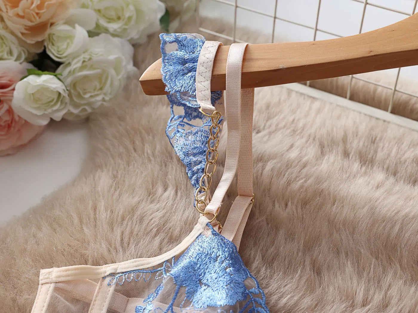 Light blue transparent lace bra set with embroidery and matching pants