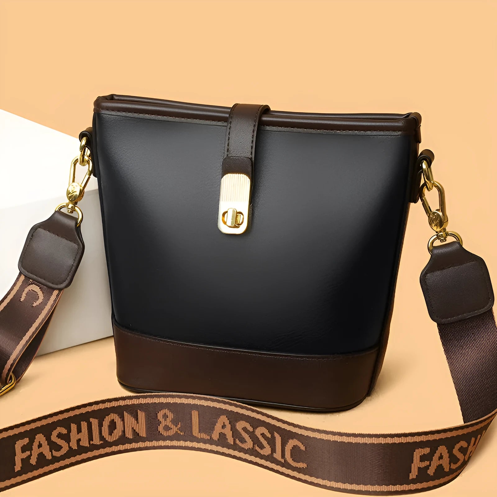 Korean style black bucket bag with dual shoulder straps and multiple internal zippered compartments