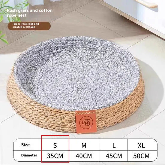 A woven rattan cat nest bed for pets, shown in one of four available sizes.