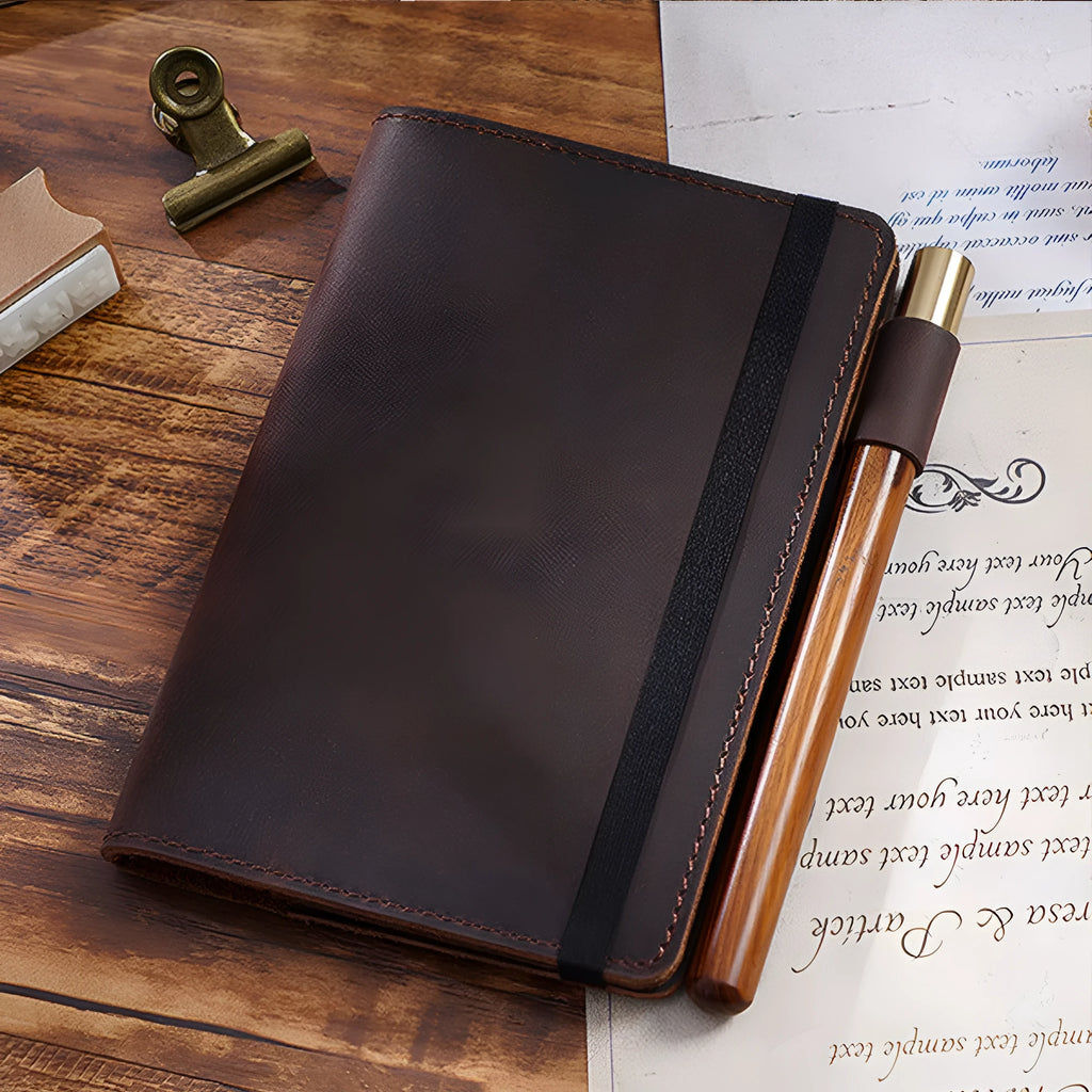 Handmade cowhide notebook with wood-free paper pages in 9x14cm compact size