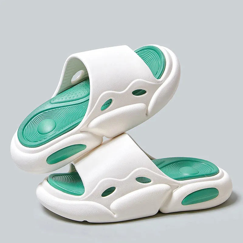 Women's and men's two-colour thick-soled EVA slippers shown in pink purple, white green, and black white colour options.
