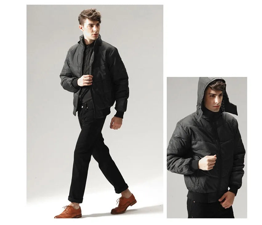 Black winter parka with removable hood and adjustable waist, full front zip, available in sizes M to 4XL