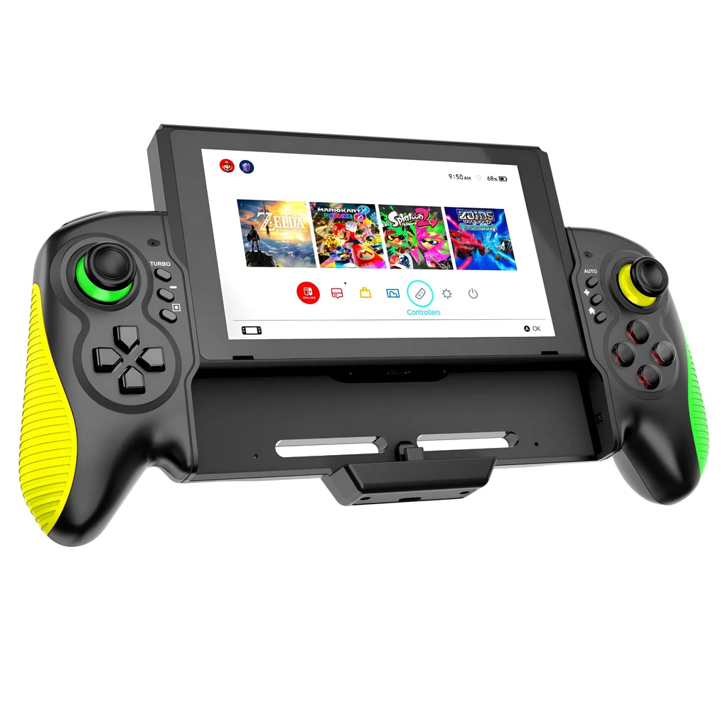 Yellow-green ABS plastic game controller with an in-line handle design for Nintendo Switch and PC.