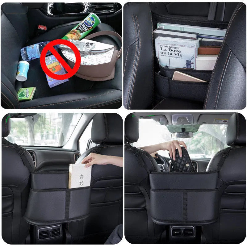 Black leather car seat storage bag with carbon fibre pattern measuring 38cm for centre console organisation