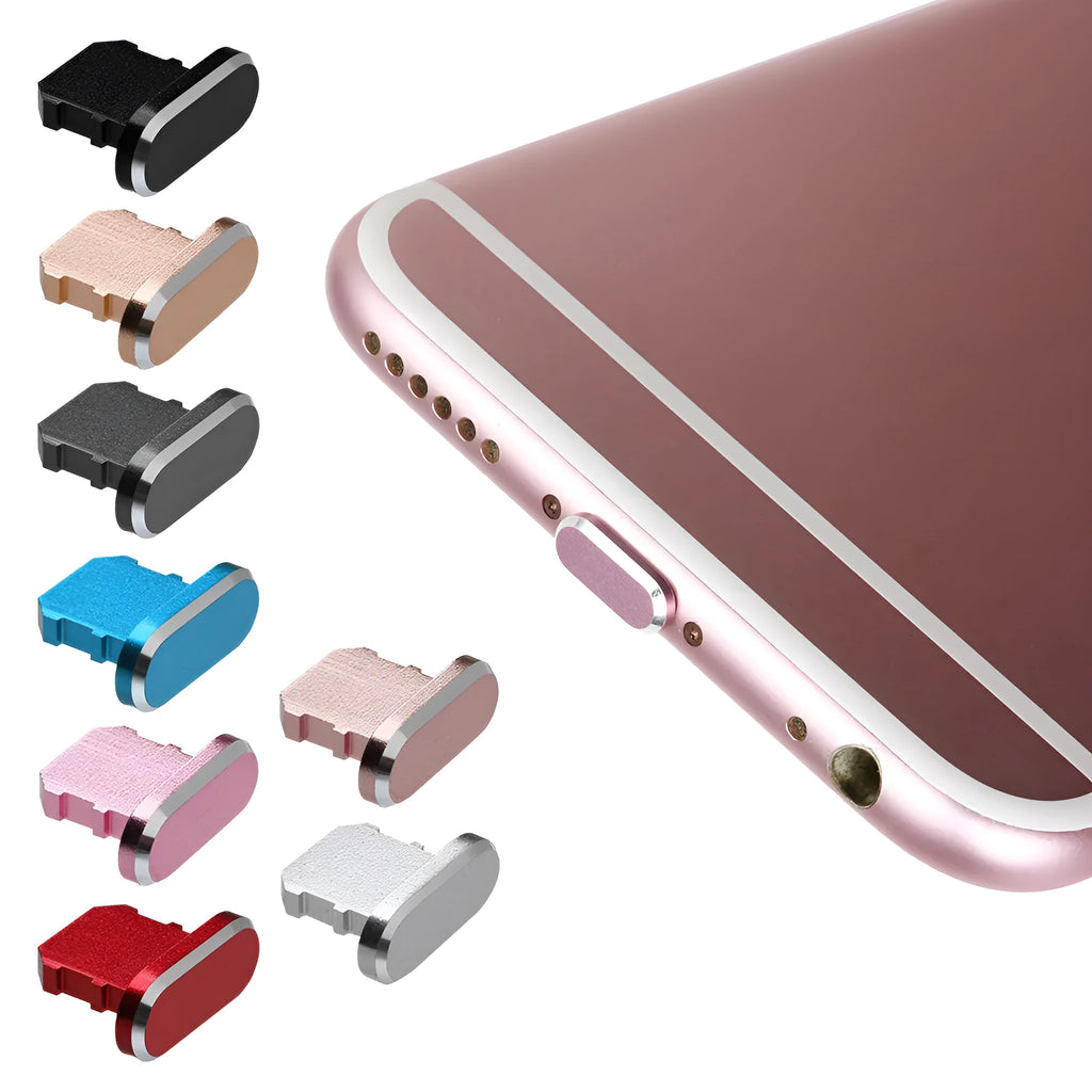 Aluminium alloy dust plug for iPhone charging port in a selection of colours including gold, silver, and rose gold.