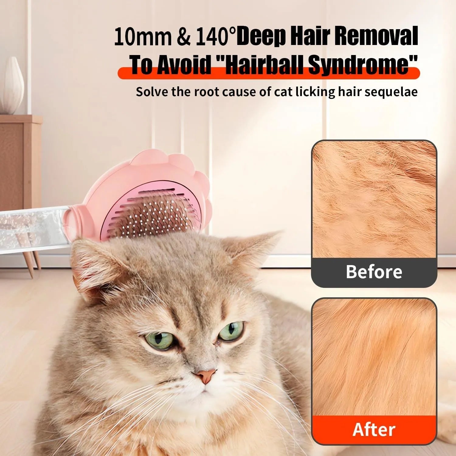 Grey pet grooming brush with self-cleaning button and water spray function on a white background