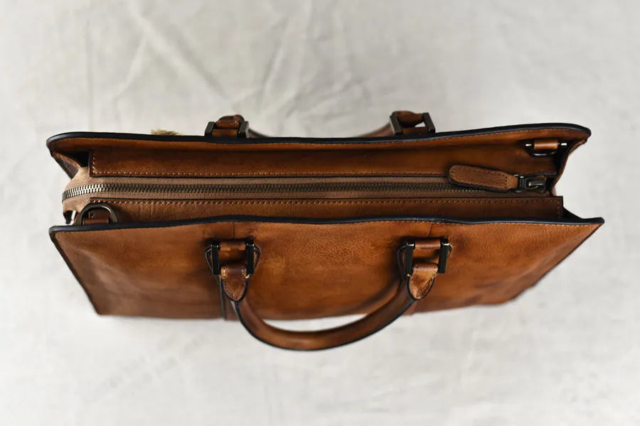 Men's 14 inch horizontal leather handbag in khaki colour with zipper opening