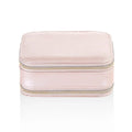 Light blue PU leather zipper jewellery box on a flat surface, compact 11.5x8.5x5cm size