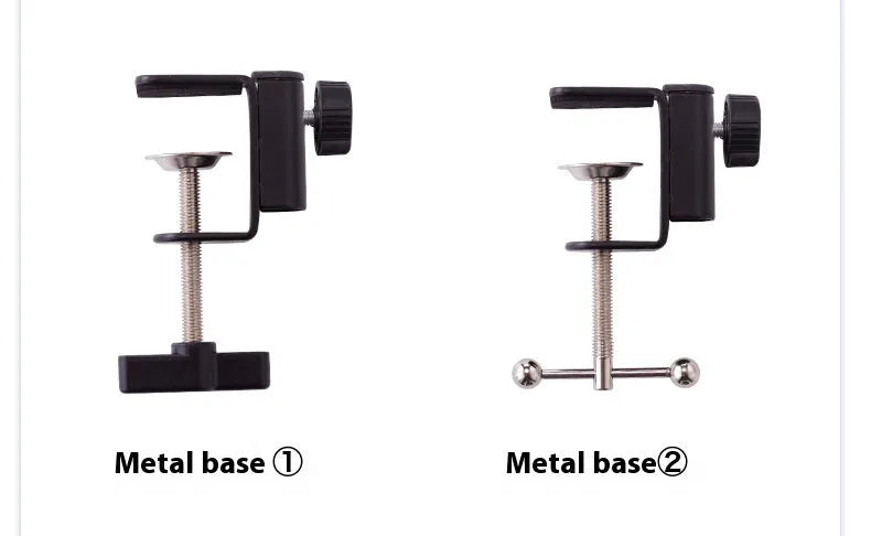 Black foldable metal cantilever bracket holding tablet on desktop with adjustable arm extended