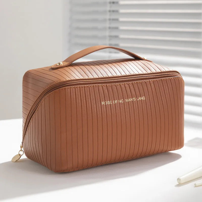 Vertical pattern pillow makeup bag in PU material with cubic 22.5cm shape
