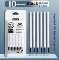 Four quick-drying pen refill cartridges showing black, blue, red, and ink blue colours with 500m writing length text.
