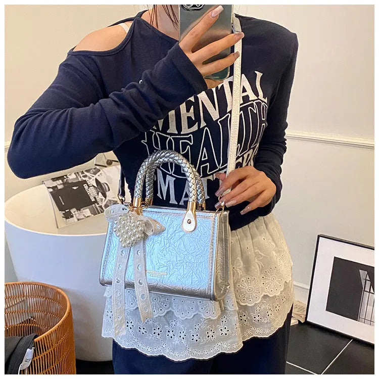 PU crossbody small square bag in horizontal square shape with spliced design