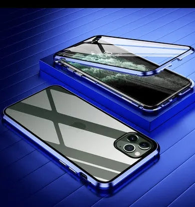 Geometric patterned glass clamshell privacy case for iPhone on a table.