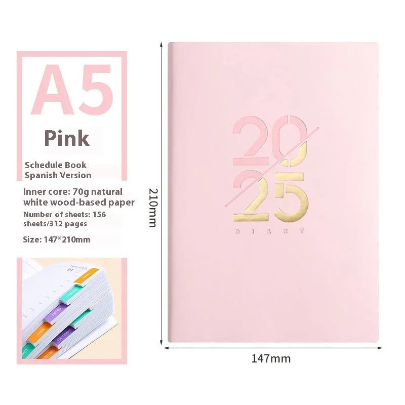A5 daily planner notebook with faux leather cover open on a desk