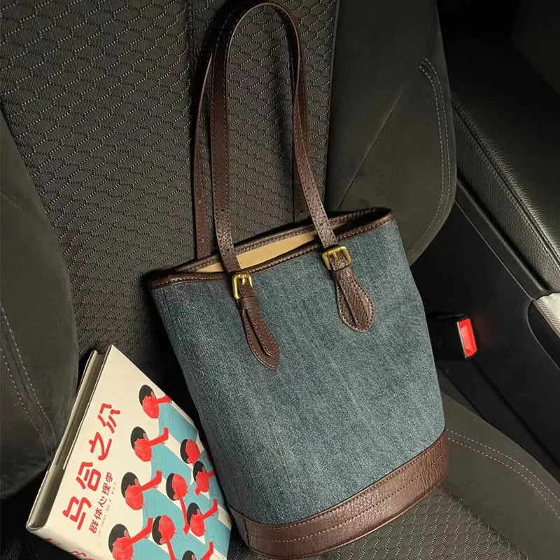 Denim colour patchwork one-shoulder bucket handbag with large capacity