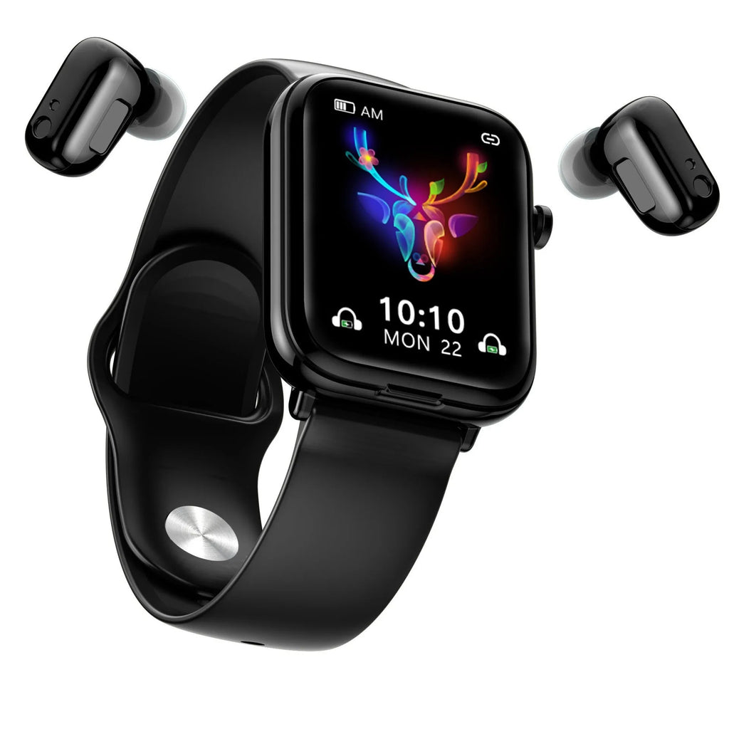 Black all-touch smartwatch with zinc alloy body and integrated Bluetooth earpieces on a wrist