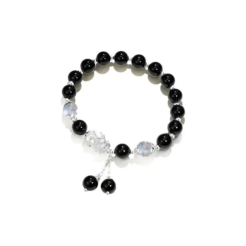 Handmade natural black agate and grey opal couple bracelet set with 10mm wave beads