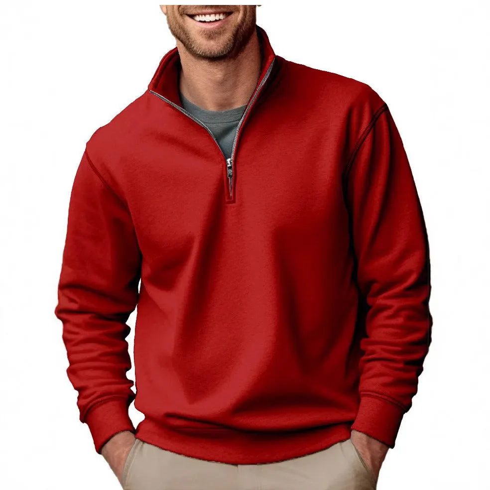Men's pullover sweater in purple velvet polyester with zipper stand collar, loose fit, long sleeves, and chest patch pocket