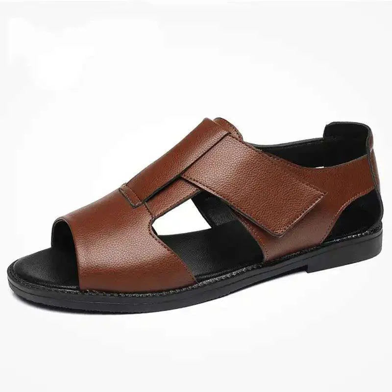 Men's black and brown casual sandals with cowhide upper and rubber sole
