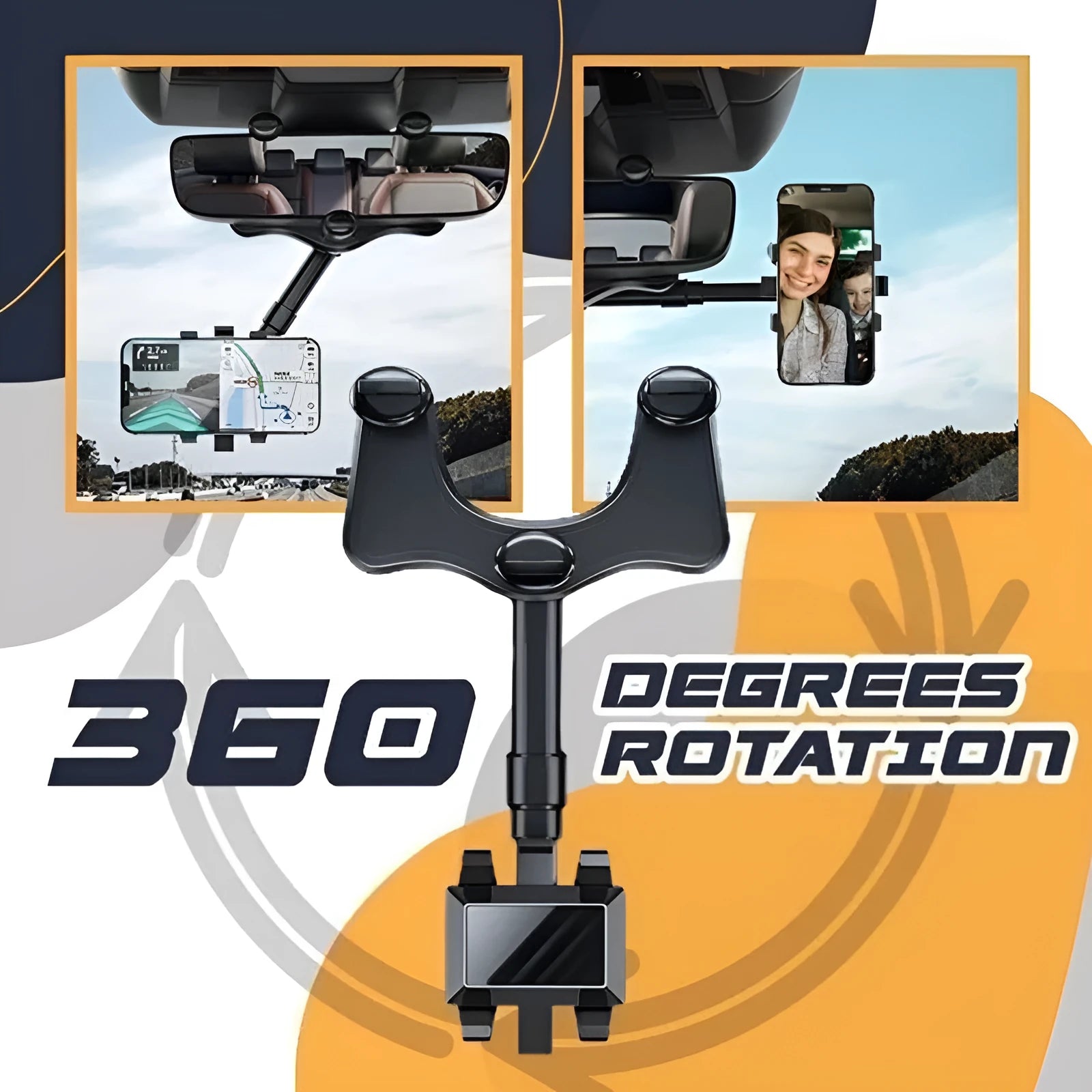 Black rearview mirror phone holder with 360 rotatable clamp and telescopic arm attached to car mirror