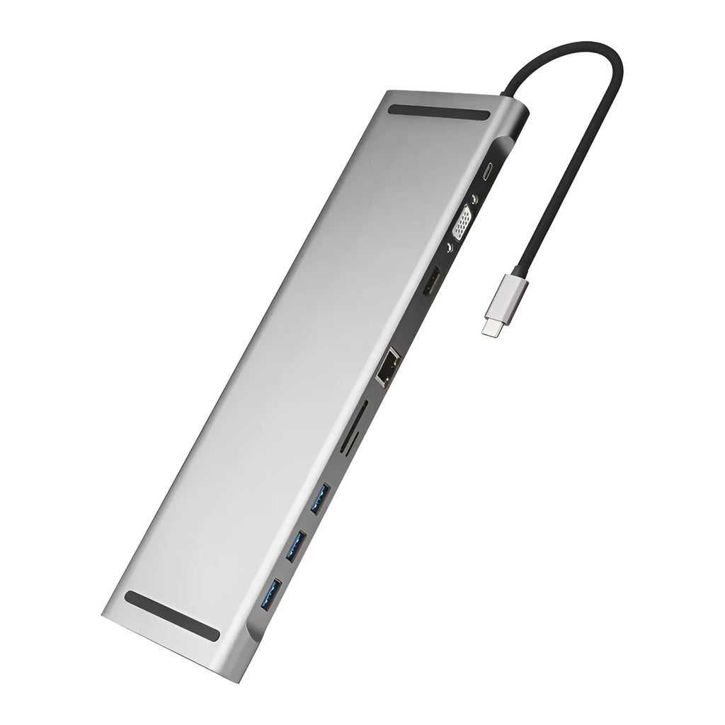 Ten-port aluminium alloy hub docking station with cooling bracket showing multiple connectivity ports