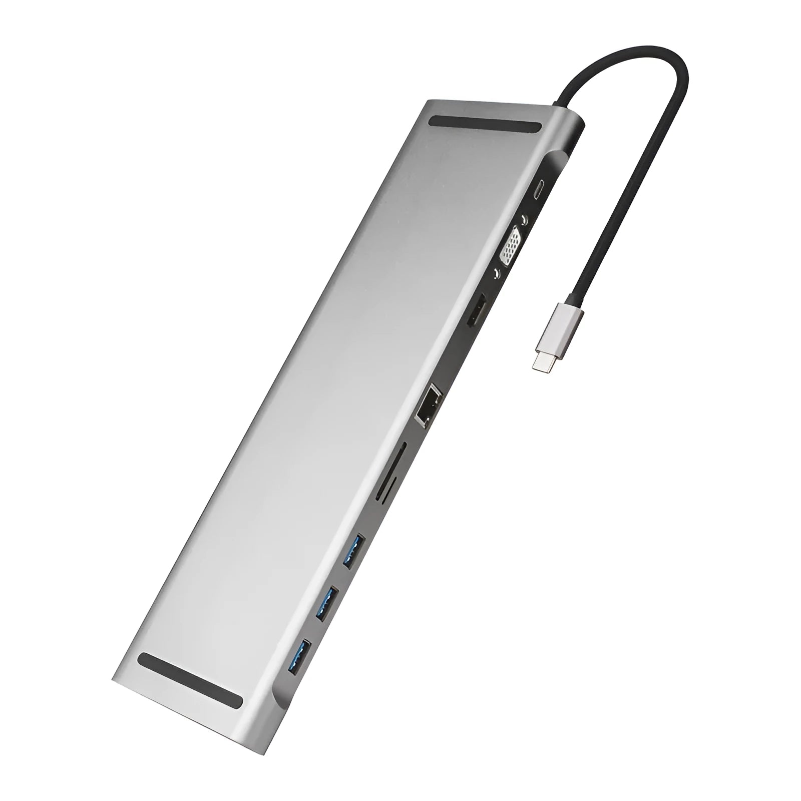 Ten-port aluminium alloy hub docking station with cooling bracket showing multiple connectivity ports