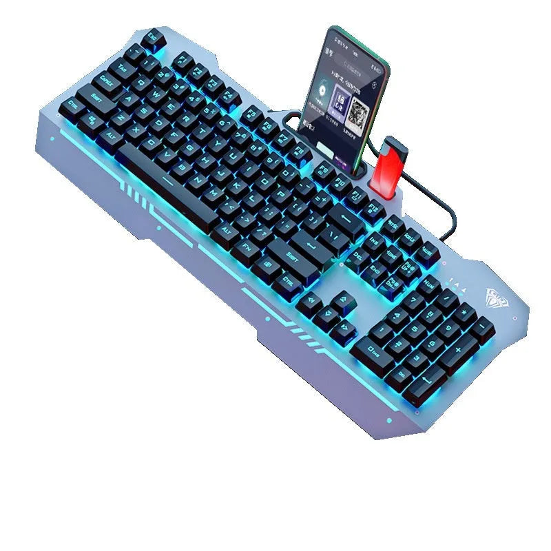 Black and white mechanical gaming keyboard with metal construction, mouse, and headset wired bundle