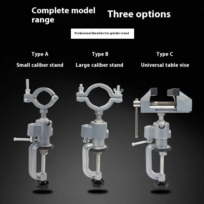 360-degree rotating bench vise with tungsten steel construction showing bracket clamp mechanism