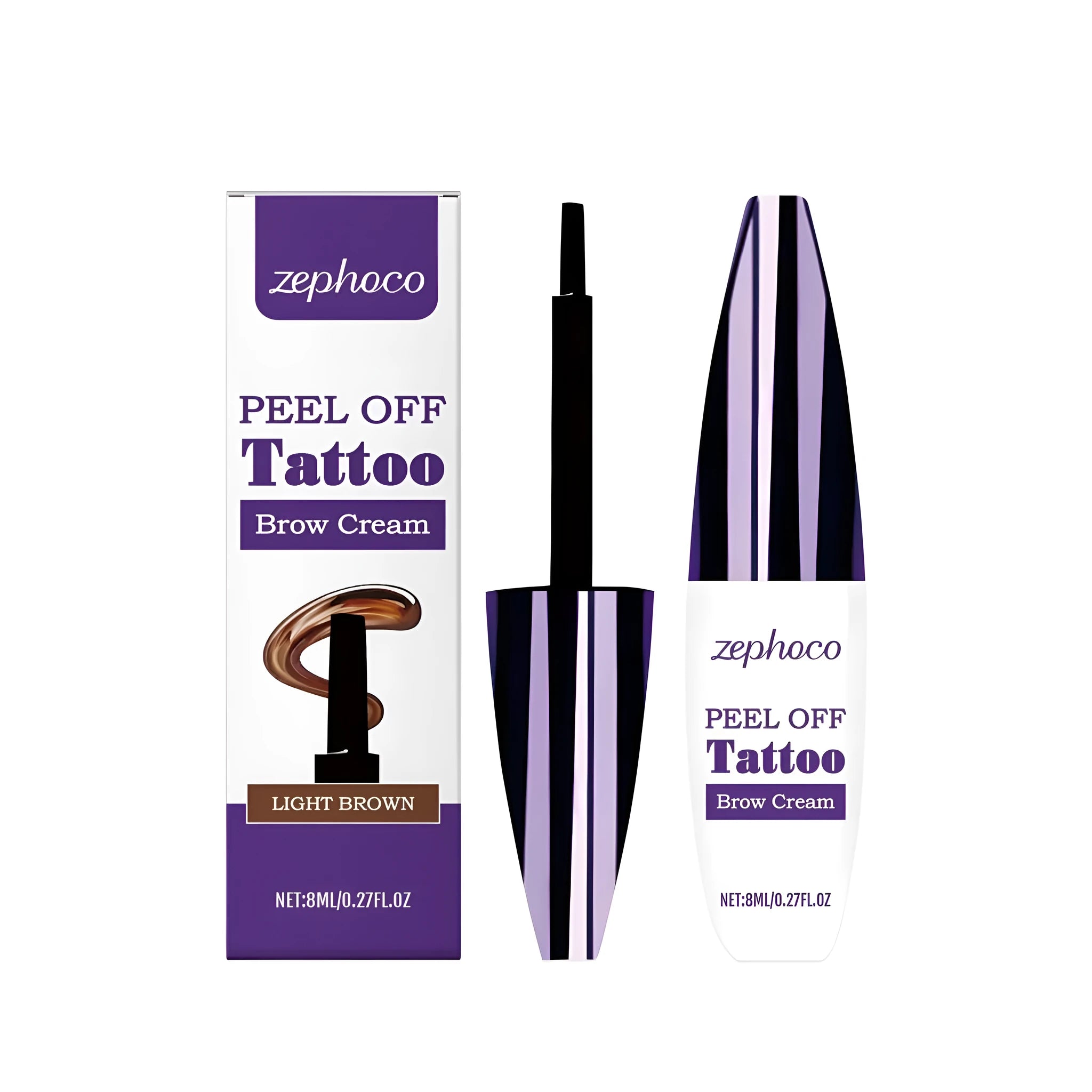 Tearable liquid eyebrow pencil showing adjustable tip and three colour options