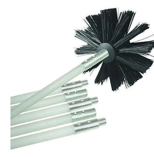 Flexible chimney cleaning brush with bendable rod and nylon bristles for dryer and duct cleaning.