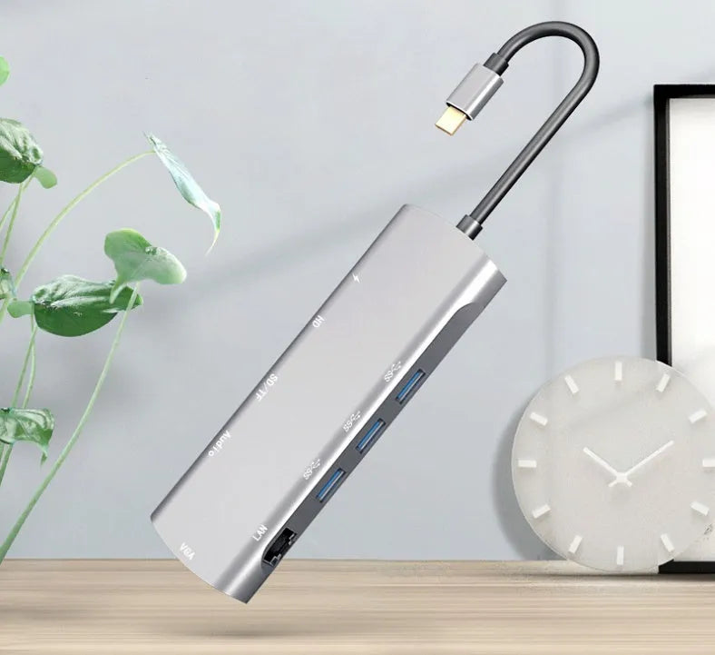 Grey USB-C docking station with HDMI, VGA, USB 3.0 ports and 14cm cable