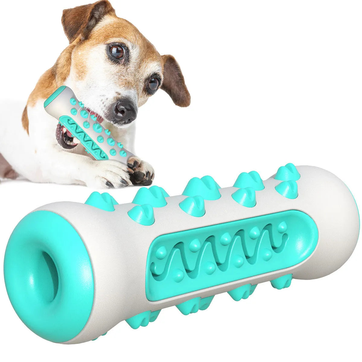 Natural rubber dog toothbrush chew toy in blue, showing textured surfaces and measuring 15 cm long.