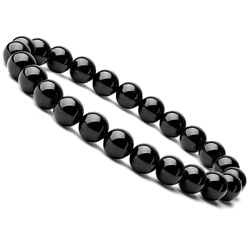 A geometric black agate bead stretch bracelet with 8mm stones on an elastic cord.