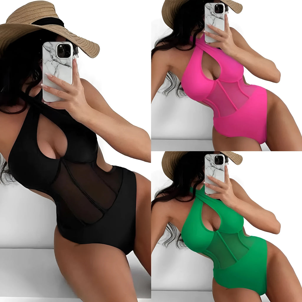 Ladies one-piece swimsuit bikini in black, rose red, or green, sizes S M L XL.