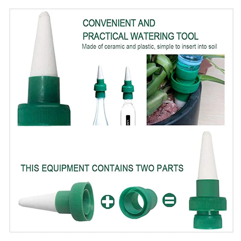 Green ceramic plant water dripper device for automatic garden irrigation with cola bottles