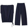 Women's linen blend off-neck shirt with flounced sleeves and wide leg trousers set for office wear