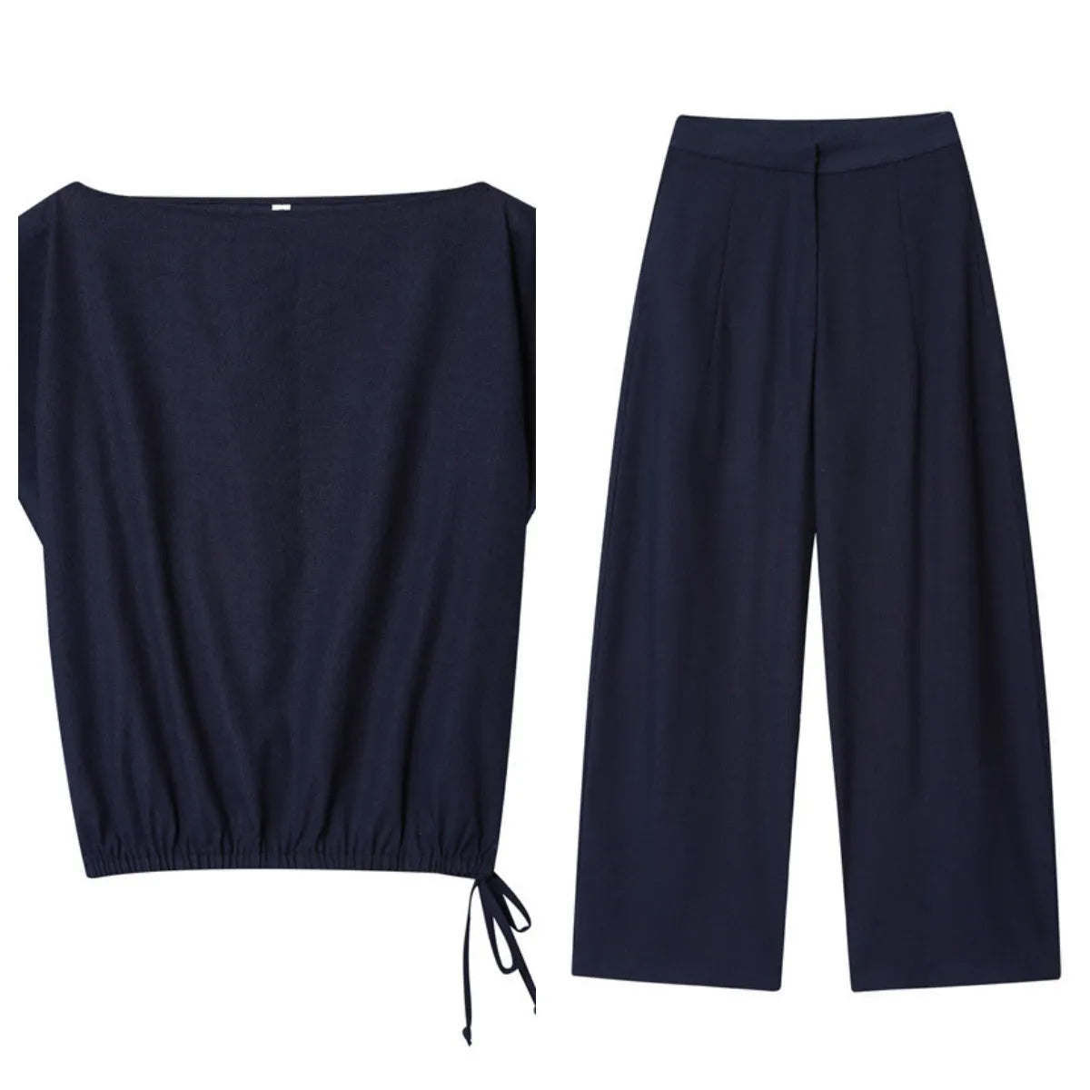 Women's linen blend off-neck shirt with flounced sleeves and wide leg trousers set for office wear
