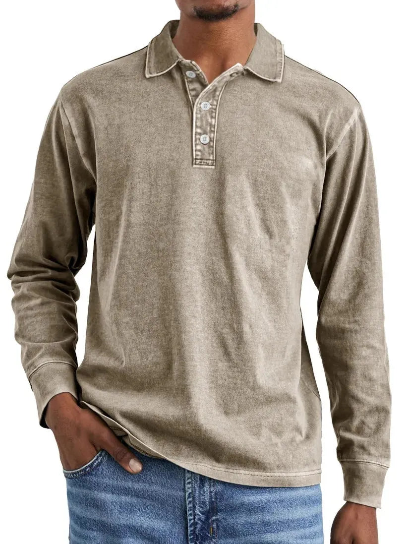 Men's retro washed distressed pure cotton lapel long sleeve polo shirt on a hanger.