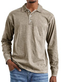 Men's retro washed distressed pure cotton lapel long sleeve polo shirt on a hanger.