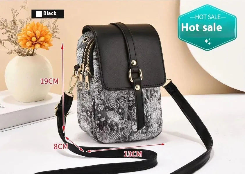 Women's PU multi-compartment bucket shoulder bag in black, 13x8x19cm with zipper closure