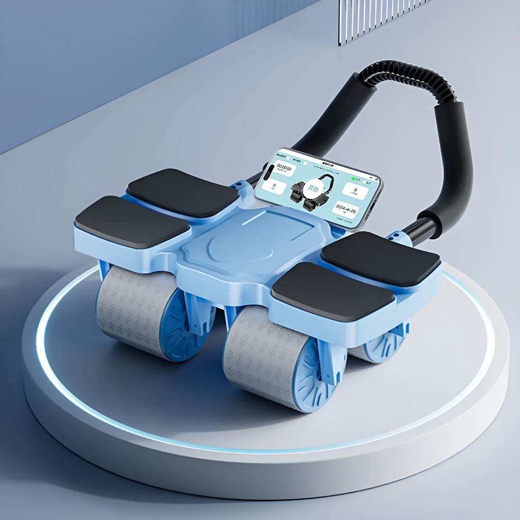 Black automatic rebound abdominal wheel with four wheels and smartphone showing fitness app