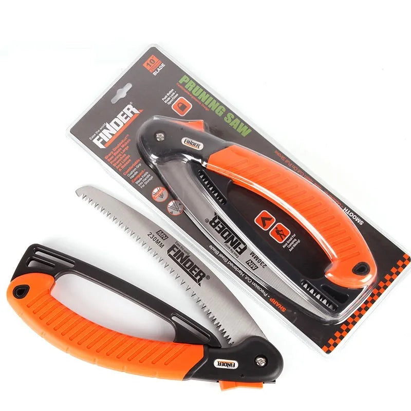 Folding garden saw with 230mm blade shown both open for use and closed for carrying