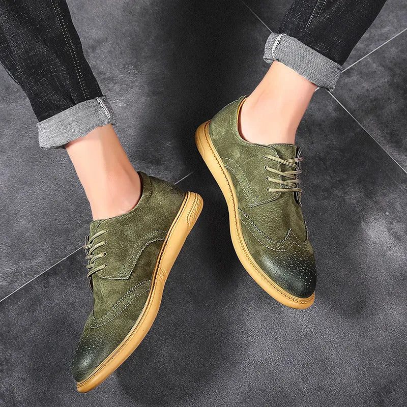 Men's black genuine cowhide leather business lace-up shoes with leather stitching and a rubber sole.