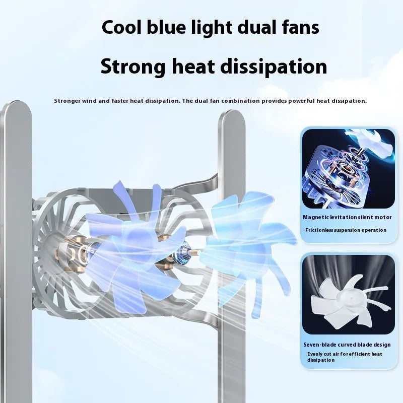 Silver aluminium alloy laptop cooling stand with twin fans in folded position