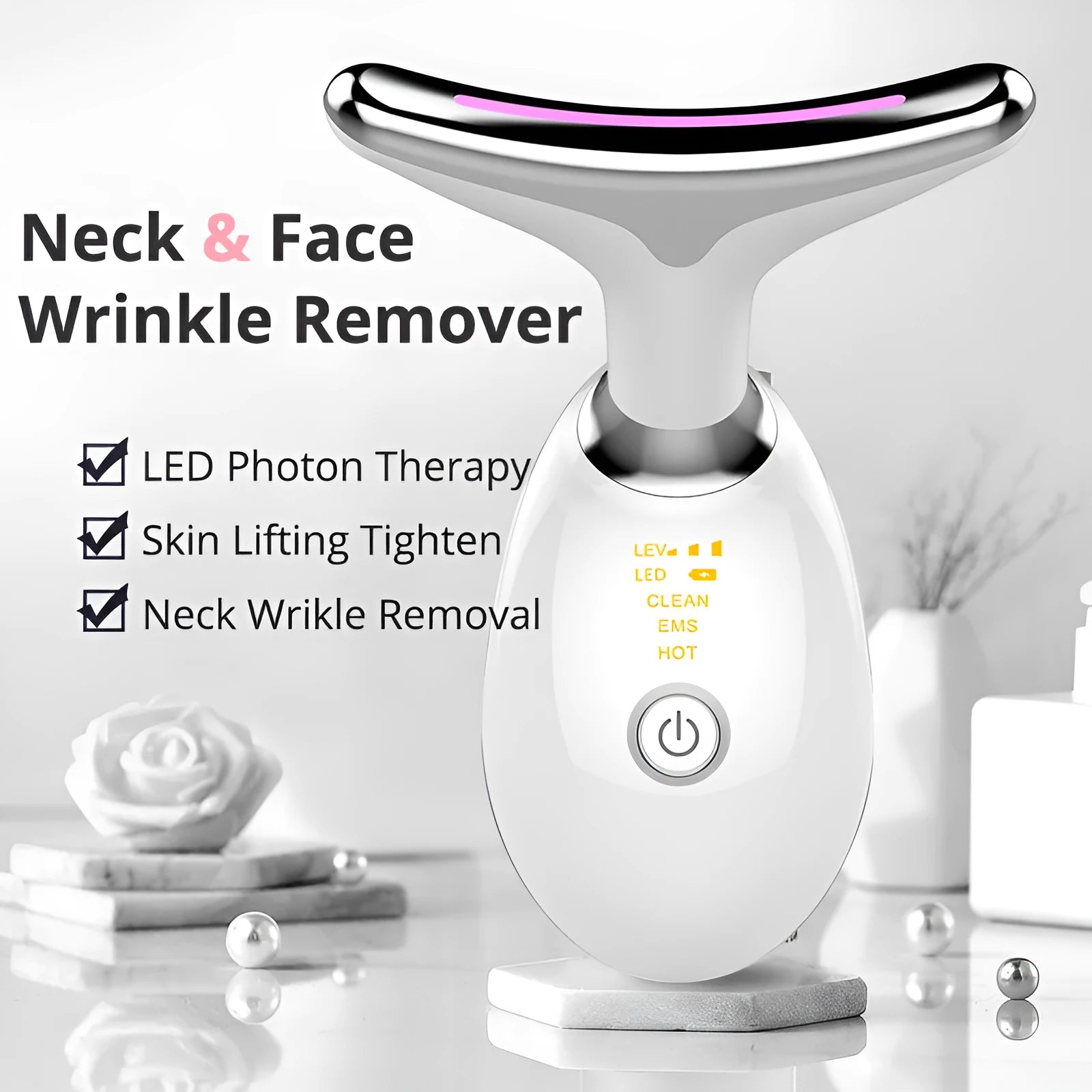 ES-1081 EMS thermal neck massager with LED lights for skin tightening and wrinkle care.
