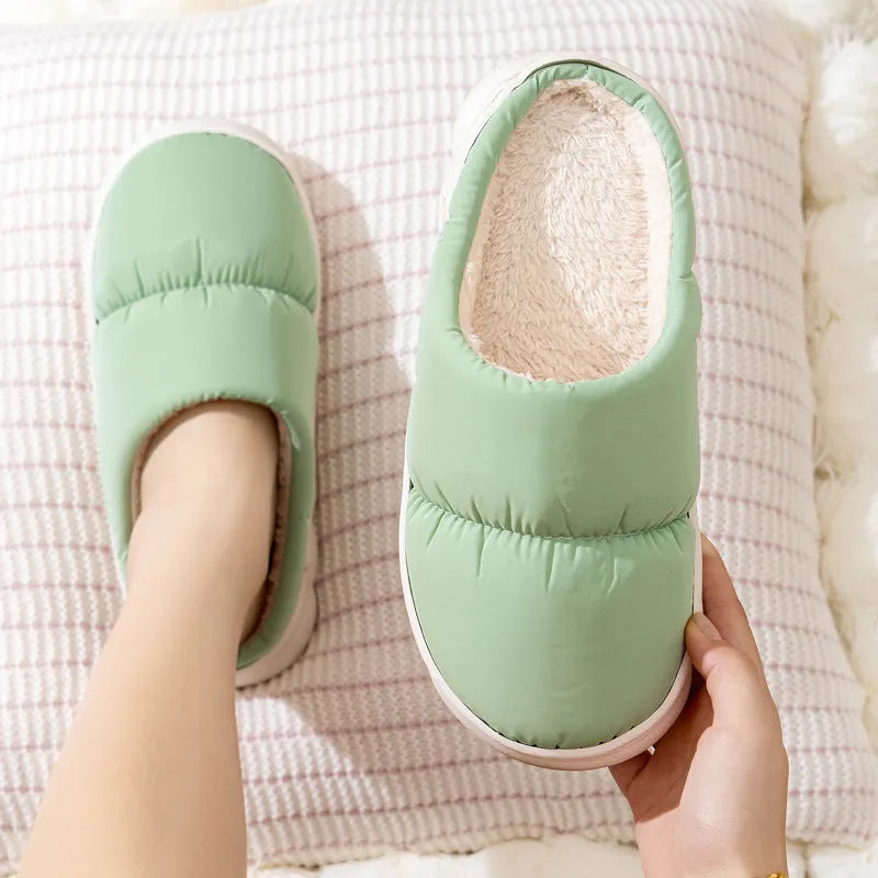 Down cotton slippers with artificial leather upper and thick rubber soles in multiple colour options