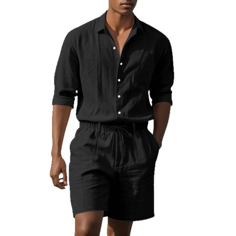 Linen casual long sleeve shirt and shorts beach set shown in one of five colour options.