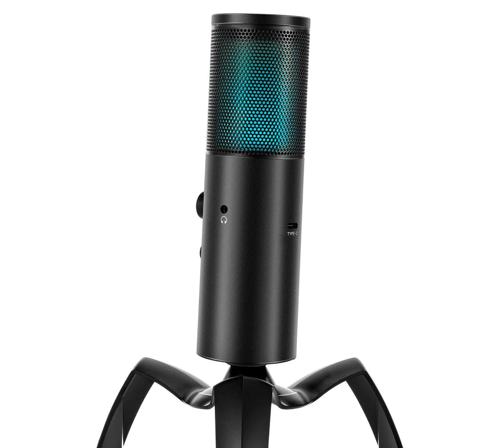 Black Q18 USB condenser microphone with RGB lights on a metal tripod stand